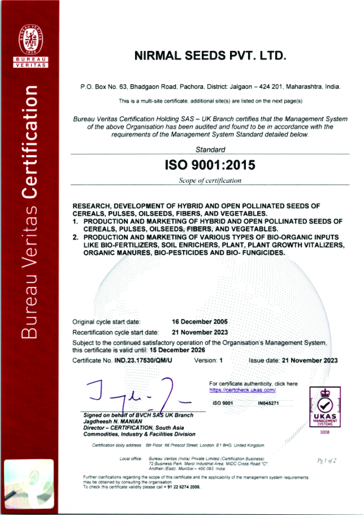 Bureau Veritas Certification Certificate - Nirmal Seeds